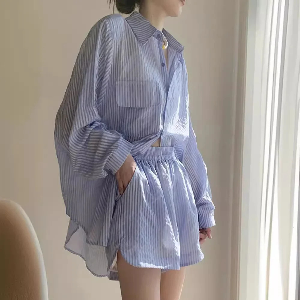 Fashionable Casual Striped Set Womens Summer Thin Loose Sun Protection Top Shorts TwoPiece Set Stylish Polyester Fiber 250609