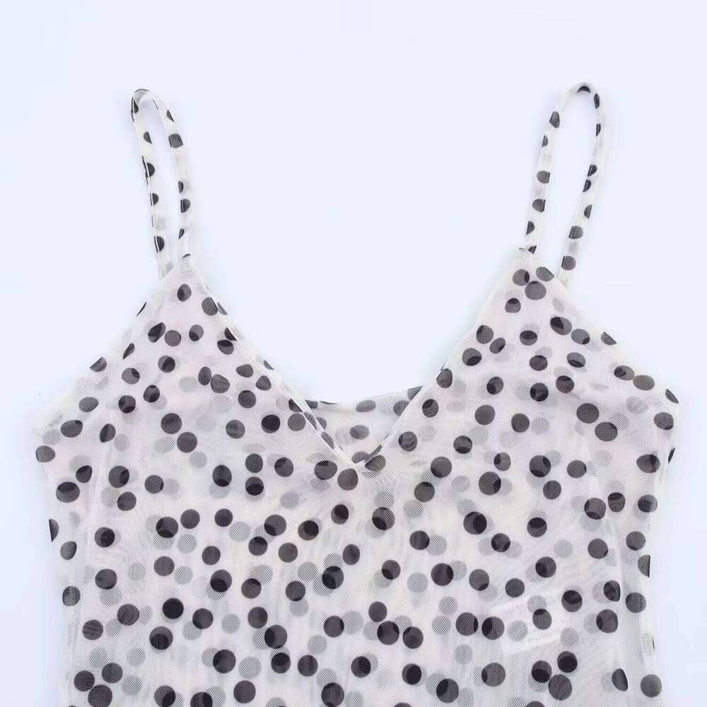 Womens Elegant Sexy V Neck Spaghetti Strap Mid - Length Mesh Polka Dot Dress With Loose Drapey Large Hem