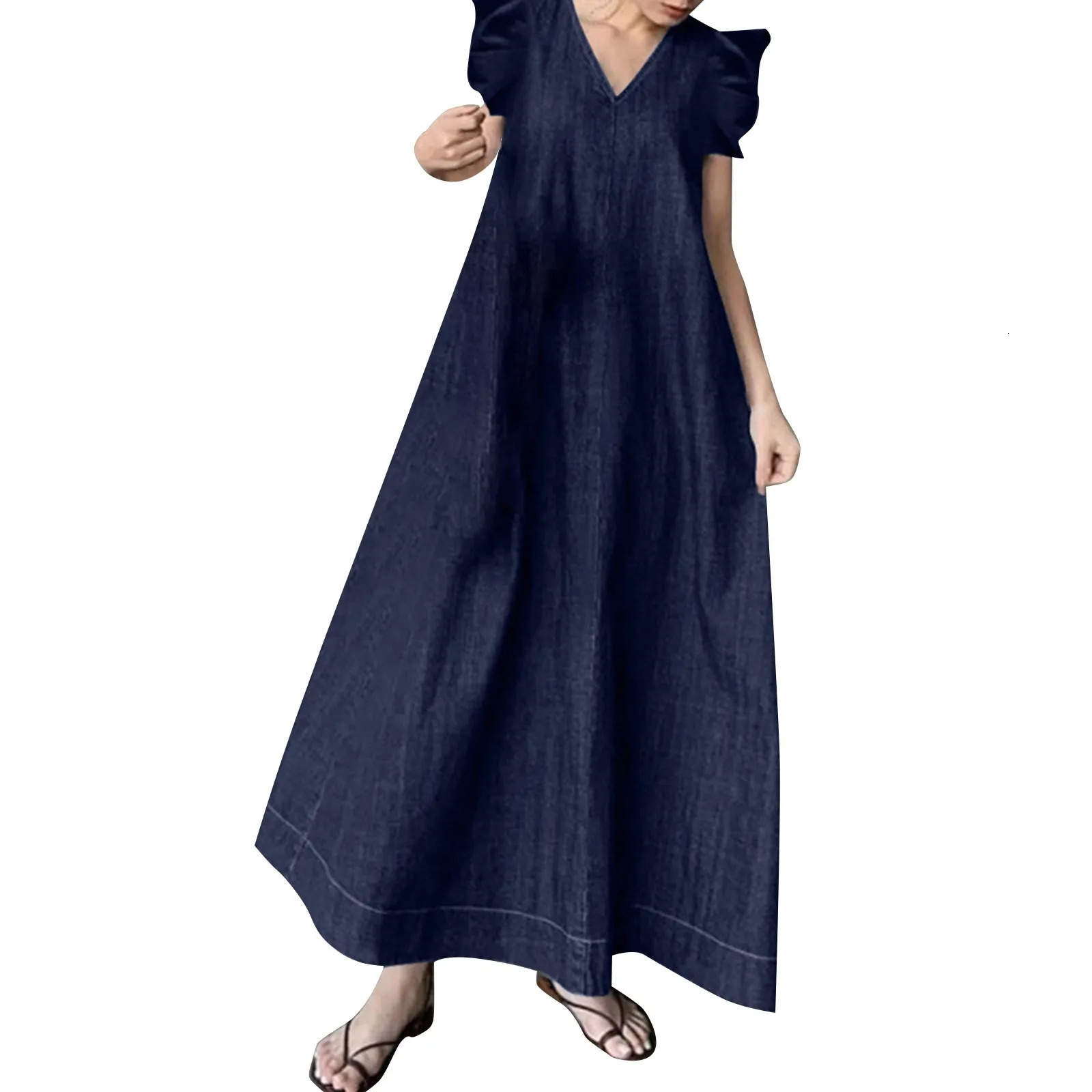 Plus Size 5XL Casual Woman Denim Dress Summer Petal Sleeve Jean Short Sleeve Long Dresses Loose Oversized Maxi Dress Robe 250609