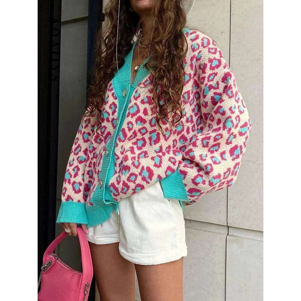 Aoaiiys Leopard Knitted Cardigan for Women Sweater Contrast Color Button V-neck Long Sleeve Coat Autumn Winter Fashion Cardigans
