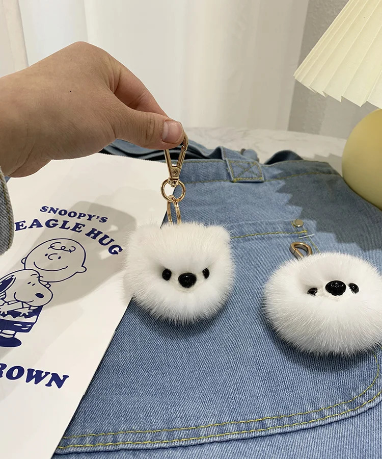 Cute Real Mink Fur Plush Pomeranian Dog Doll Key Rings Funny Anime Car Keychain Handmade Cartoon Clown Keyring Pendant Toys 250610