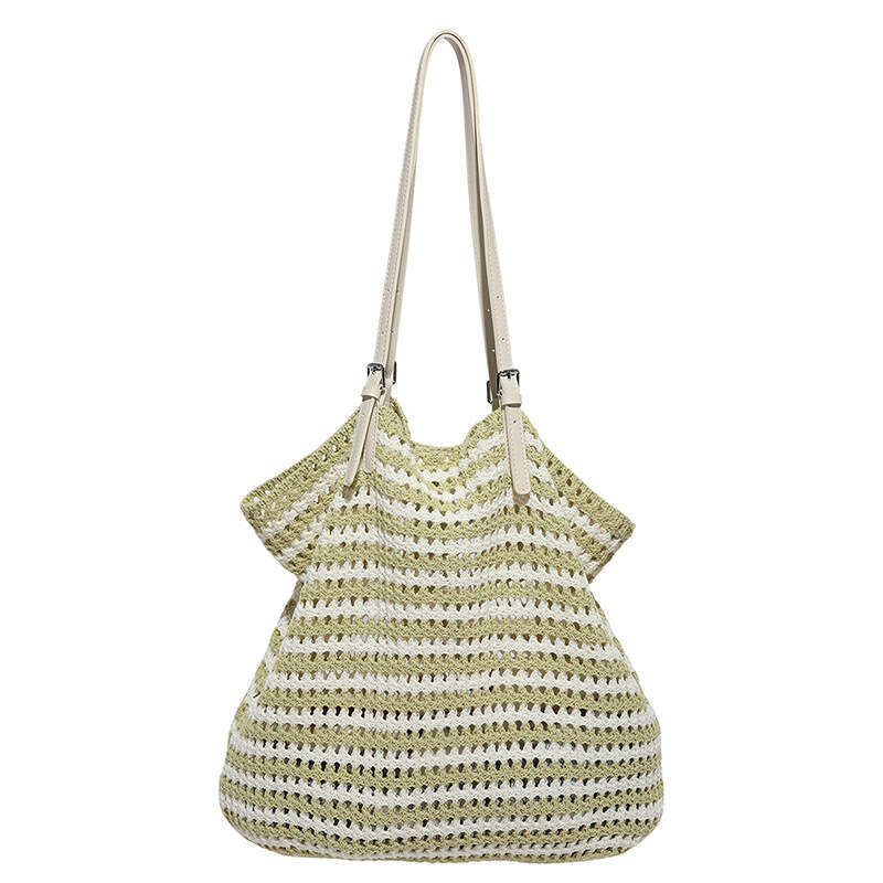 Versatile Color-Block Striped Woven Personality Fashion Shopping Beach Crochet Single Shoulder Handbag Straw Bag