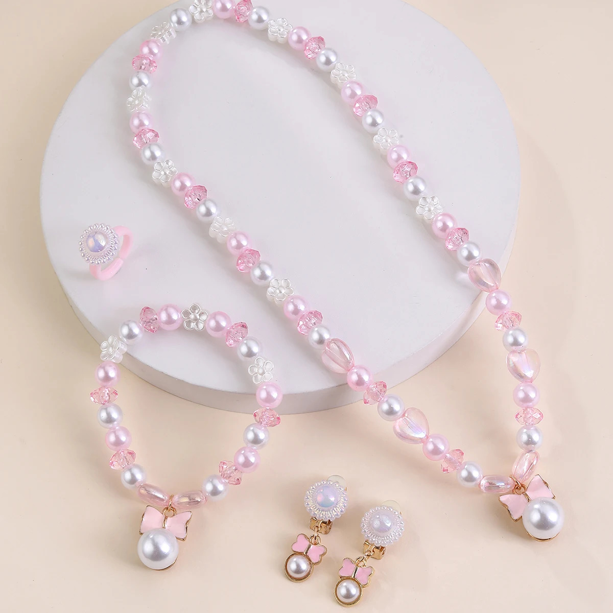 4Pcs Butterfly Ring Necklace Bracelet Earrings Little Girl Toddler Simulated Pearl Jewelry Set Little Princess Kids Play Gifts 250609