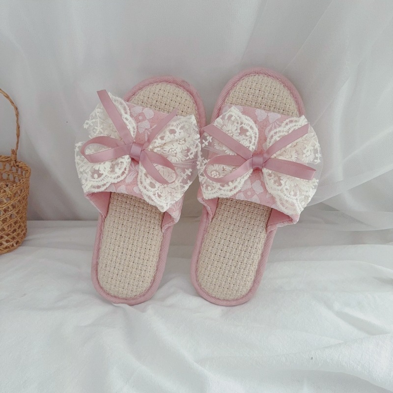 Ladies' breathable linen slippers, spring and summer lace bow shoes, indoor non slip sandals, designer sandals, cotton and linen slippers