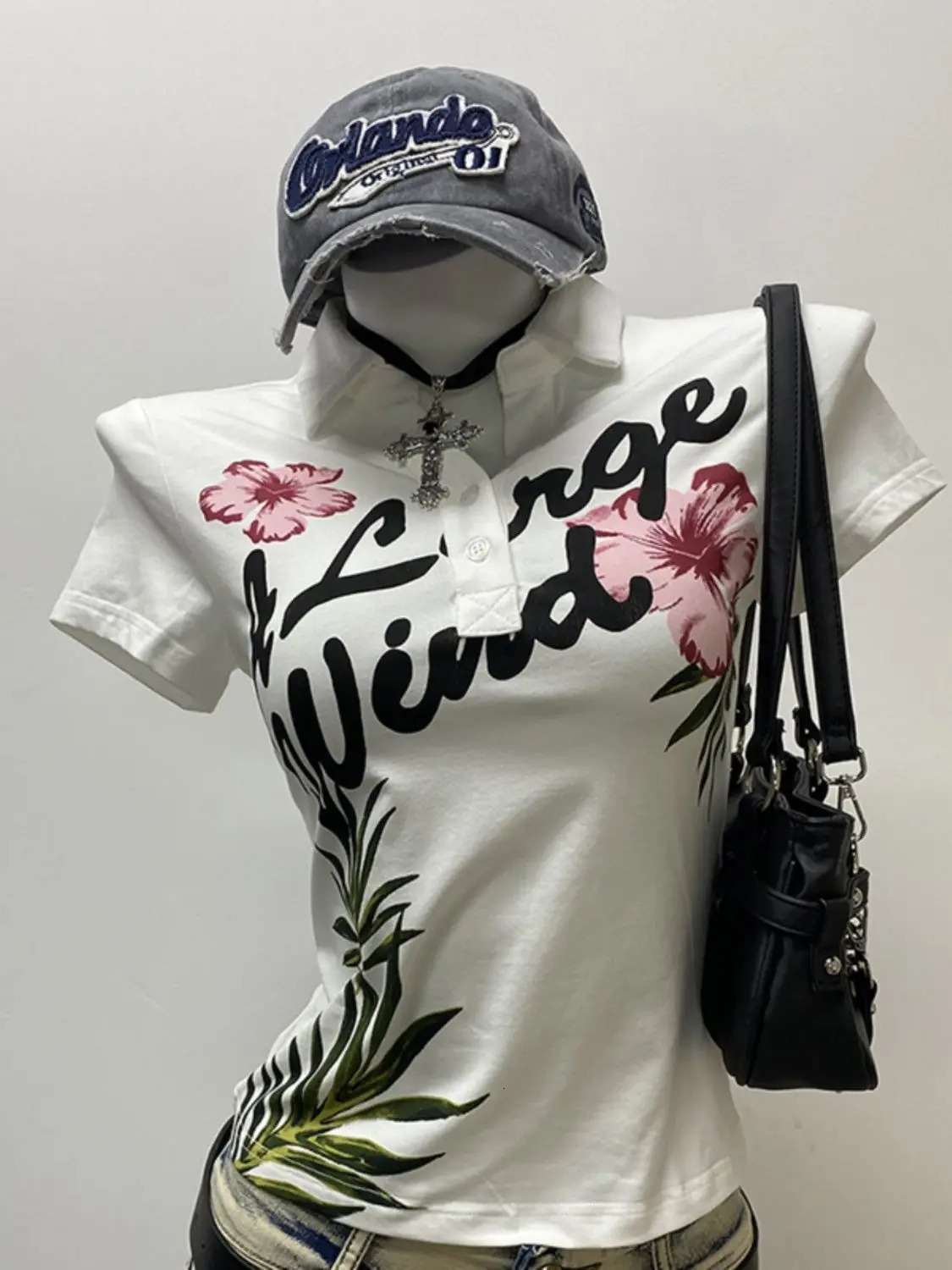 American Sweetwear Vintage Petal Printed Polo Shirts Short sleeved T-shirt for Womens 2025 Summer Harajuku Ladies Y2k Tops 250609