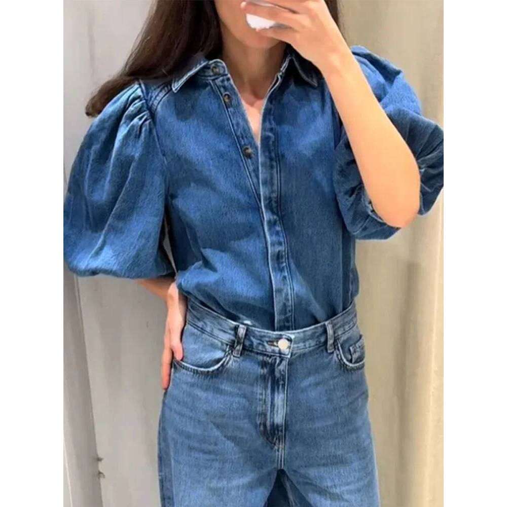 Y2k Denim Short Shirts Women Solid Lapel Half Puff Sleeve Single Breasted Pleated Top 2025 Spring Summer Fashion Streetwear Lady