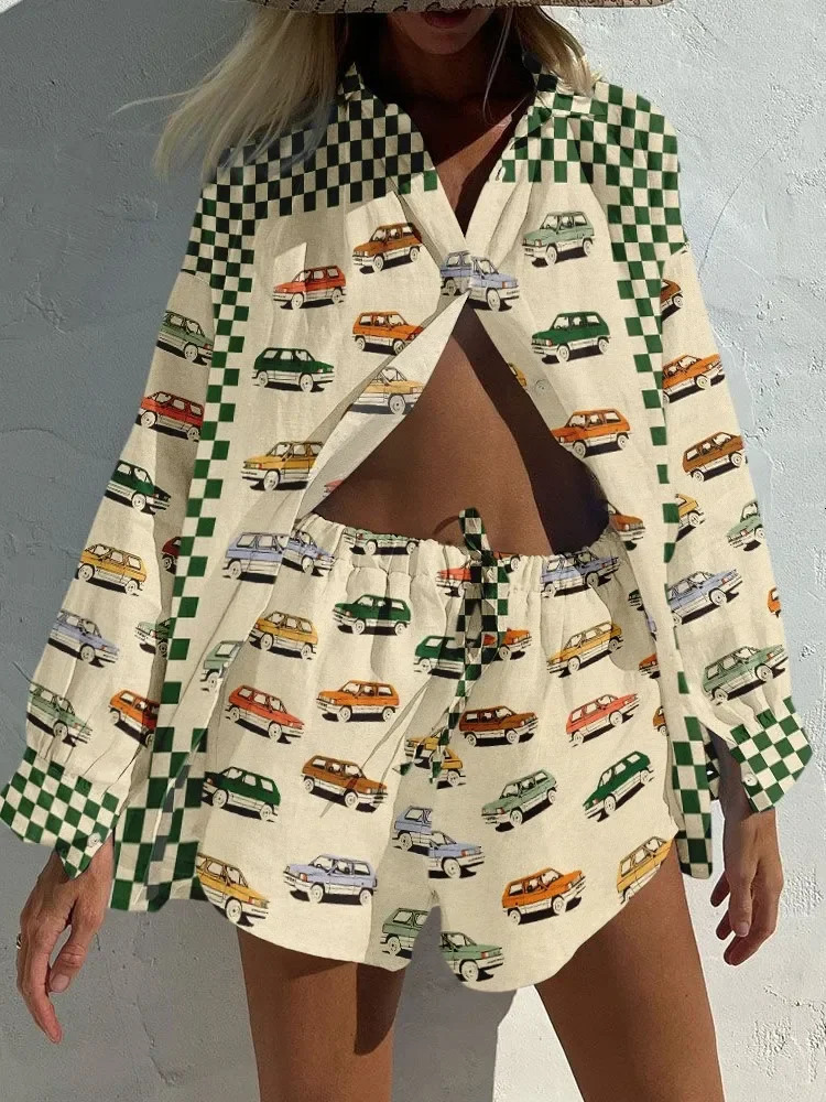 2025 Summer Vacation Style Pattern Print 2Piece Set Lapel ShirtLaceup Short Pants Sets For Womens Outfit Beach Holiday 250612