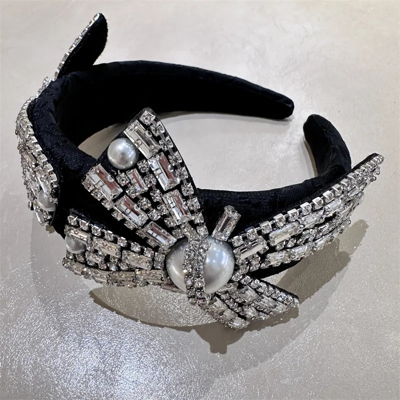 Korean Baroque Full Diamond Bow Hair Band Headband High-end Western Style Retro Heavy Pearl Gem Diamond Chain Hair Accessories 250610