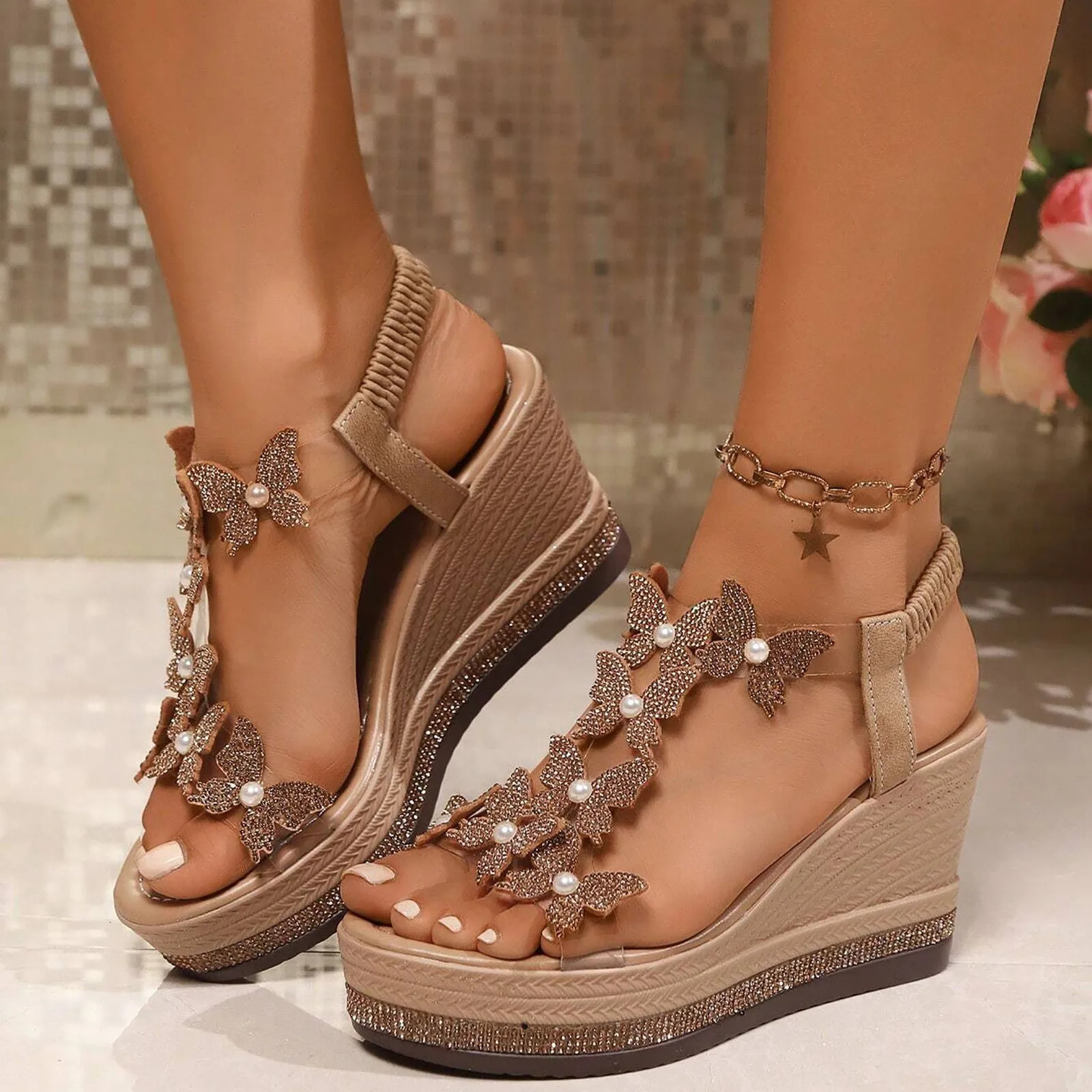 WomenS High Heel Wedge Sandals Platform Fashionable Butterfly Decoration Rhinestones Among Toe Sandals For Women Flat 250610