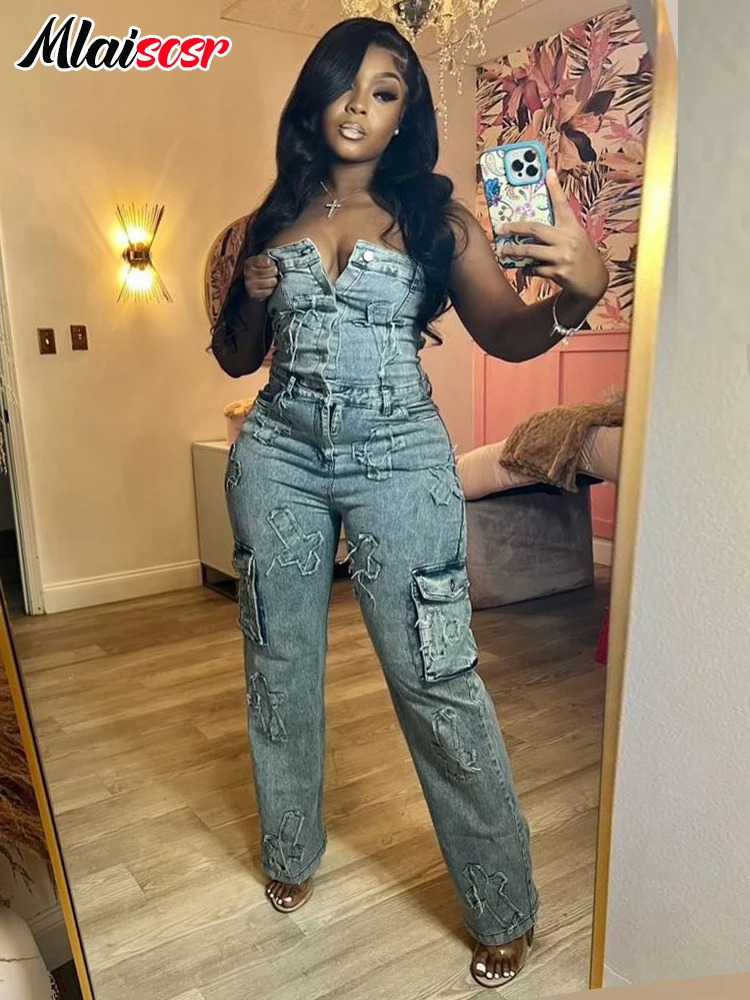 Mlaiscsr Cross y Pockets Stretch Denim Jumpsuits Women Sleeveless Off Shoulder Boyfriend Rompsers Blue Cargo Overalls 250612