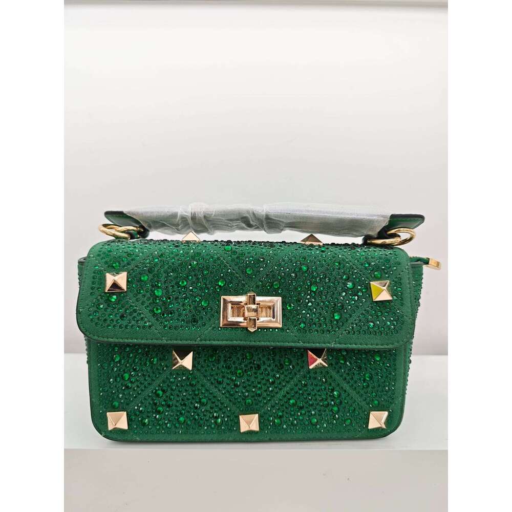 Fashion Studded Women's Rhinestone Chain High-end Genuine Leather Inlaid Shoulder Handbag Crossbody Bag