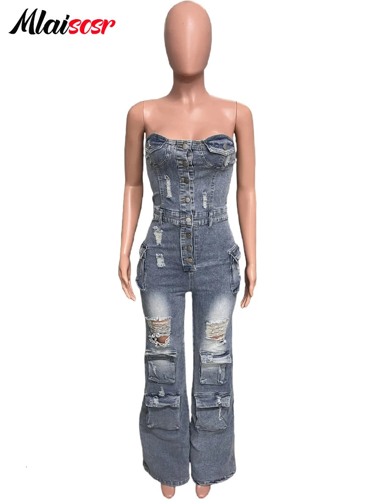 Mlaiscsr Multi Pockets Ripped Stretch Denim Cargo Pants Blue Wide Legs Jumpsuits Women Sleeveless Off Shoulder Rompers Overalls 250612