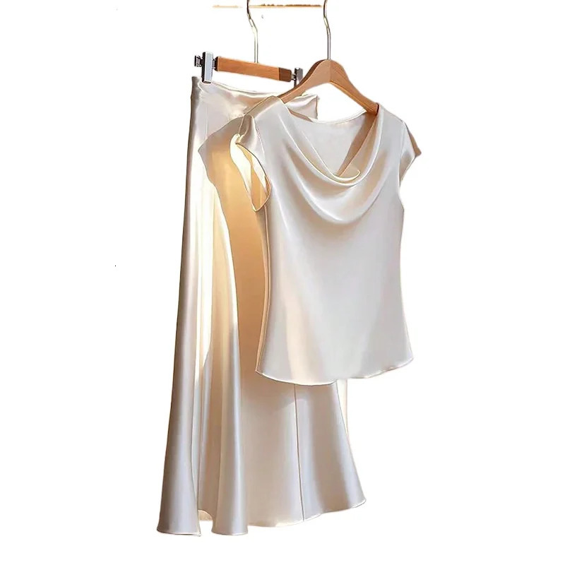 Elegance Light Mature Commuting Two Piece Set Women Summer Clothing High Temperament Short Sleeve Top Midi Skirt 250609