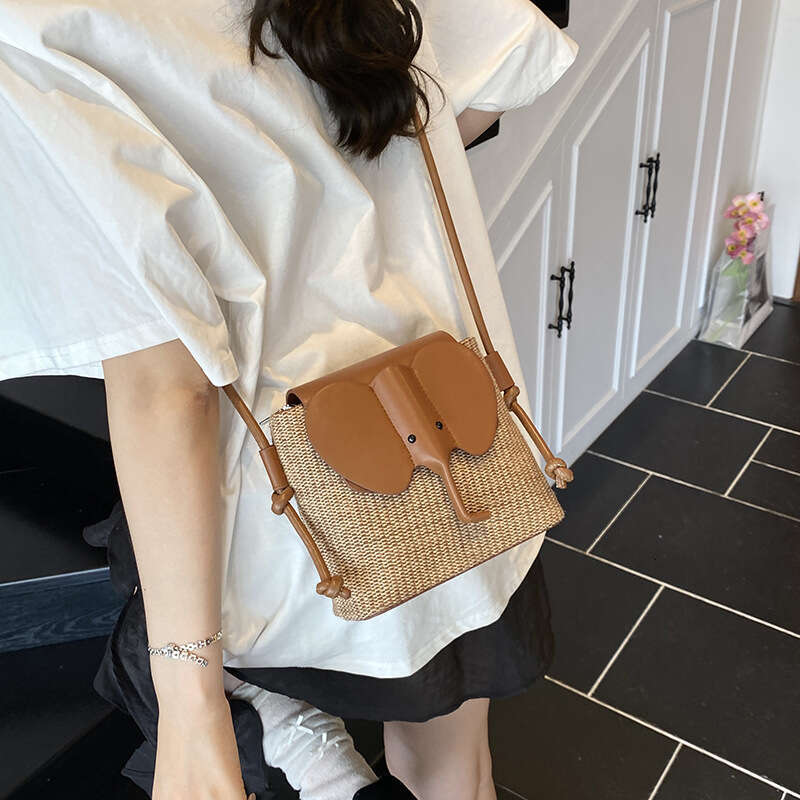 Summer New Bucket for Women Rainbow Elephant Woven Commuter Shoulder Crossbody Small Bag