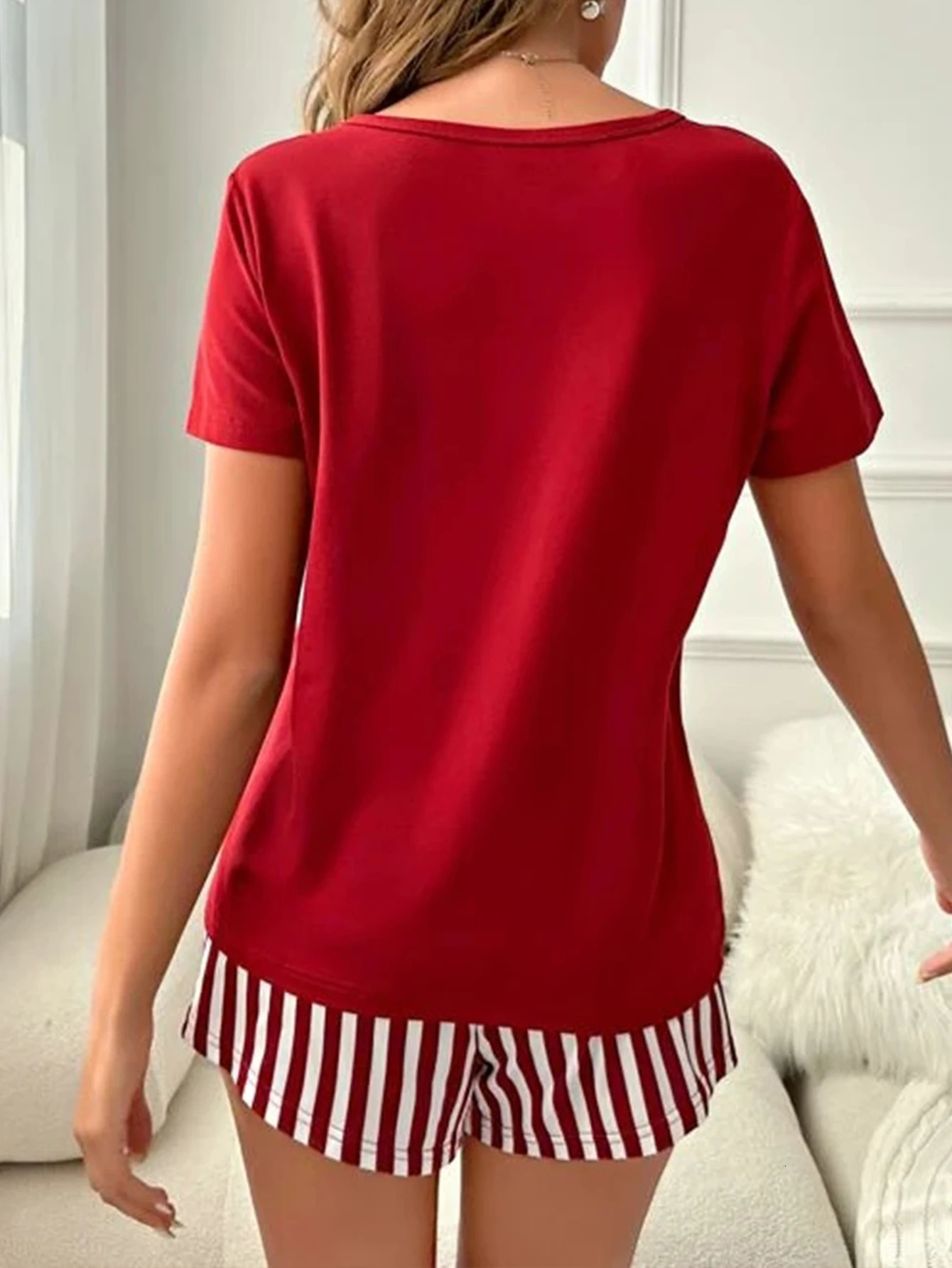 Women Pajamas Set Sleepwear Summer Popcorn Print Short Sleeve Round Neck Top Allover Prints Strip Shorts Casual Loungewear Set 250611