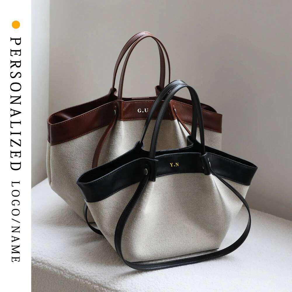 Designer Bag Free Custom First Letter Head Leather With Canvas Tote Women S Shoulder Portable Commuting Large Capacity Bat Bag