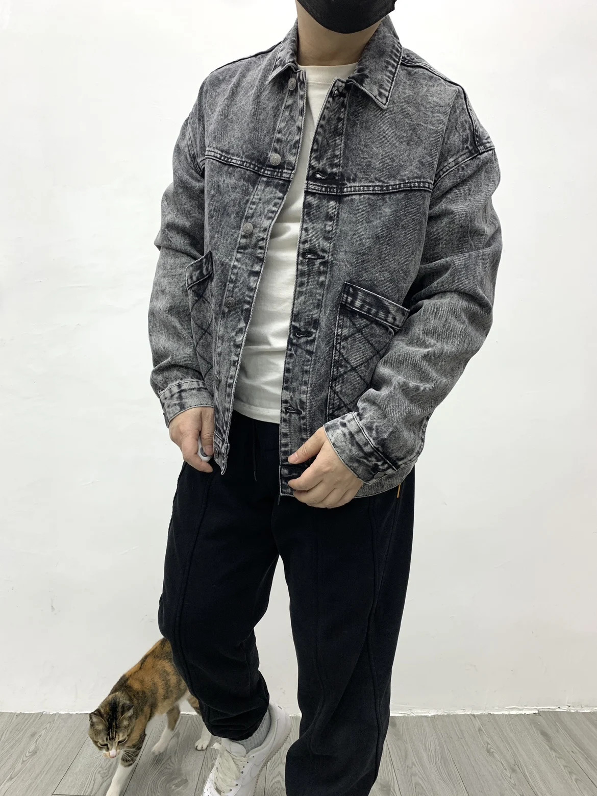 Mens Washed Denim Jacket Japanese Style Oversized Drop Shoulder Streetwear Biker in Smoke Gray Vintage Loose Fit 250614
