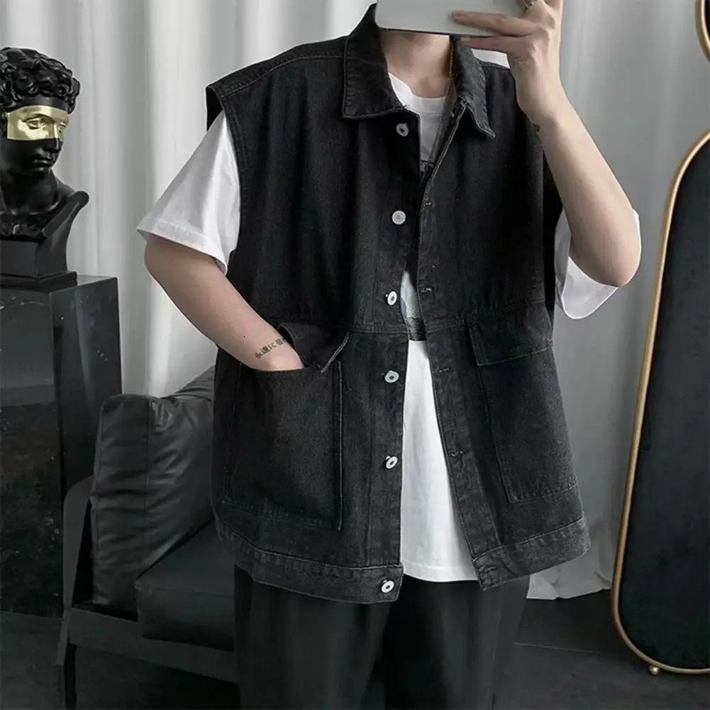 Men Denim Sports Vest Mens Sleeveless Denim Vest with Large Pockets Ripped Holes Single Breasted for Casual Summer Style 250614