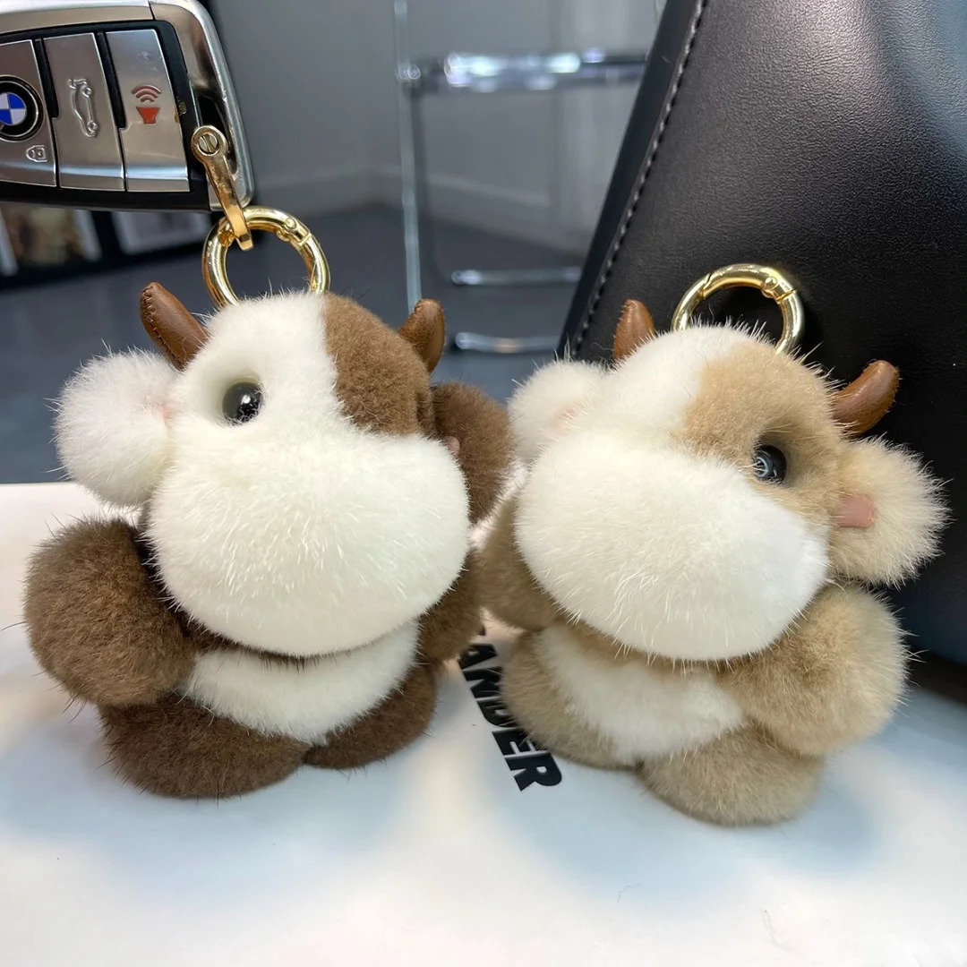 Real Mink Fur Keycahain Cute Mini Calf Doll Keyring Plush Toys Pendant Creative Animal Key Holder Girls Women Bag Accessories 250610