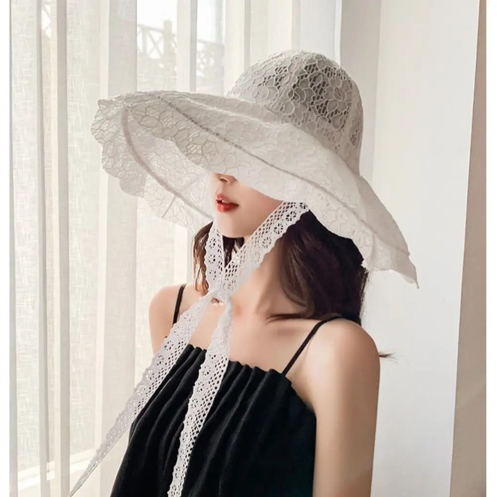 Lace Lace-up Bucket Hat Women Lightweight Windbreak Rope Sunshade Basin Hat Sun Cap Beach Hat 250610