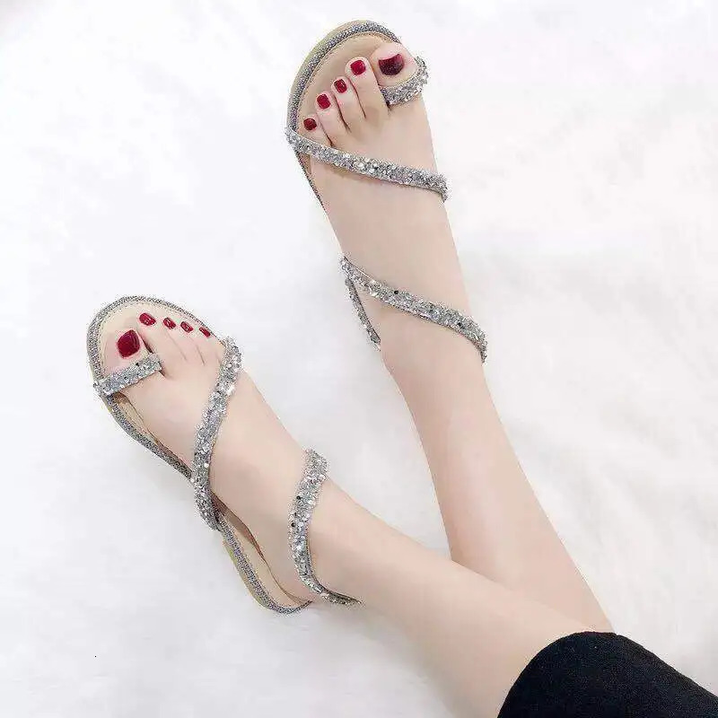 Womens Sandals Crystal Ladies Shoes For Party And Weddings No Heel Flat Rubber Flip-flops Silver Shoe On Offer Premium F 250610