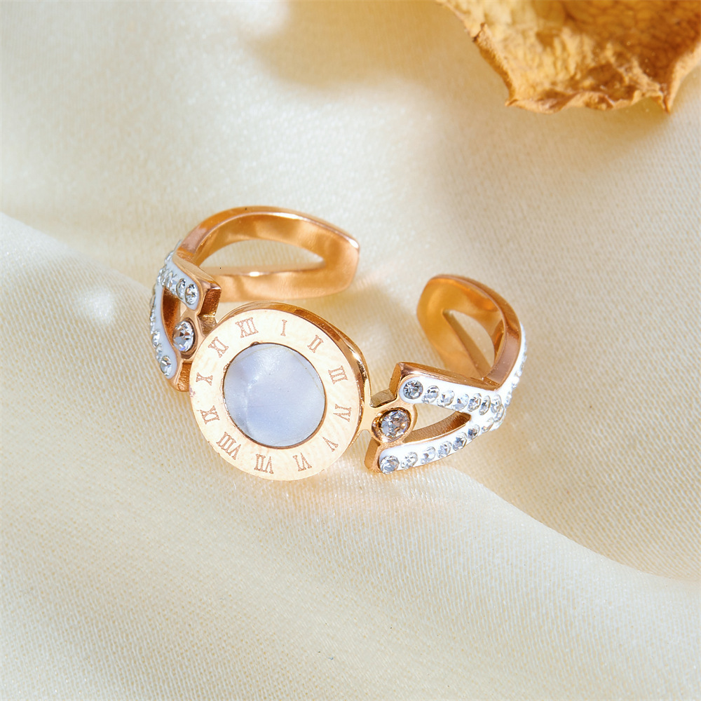 Fashion Simple Luxury Temperament Inlaid Diamond Mother-of-Pearl Roman Numeral Ring for Women Titanium Steel Non-Fading Band