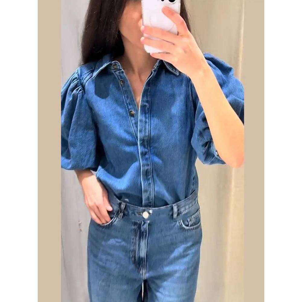 Y2k Denim Short Shirts Women Solid Lapel Half Puff Sleeve Single Breasted Pleated Top 2025 Spring Summer Fashion Streetwear Lady