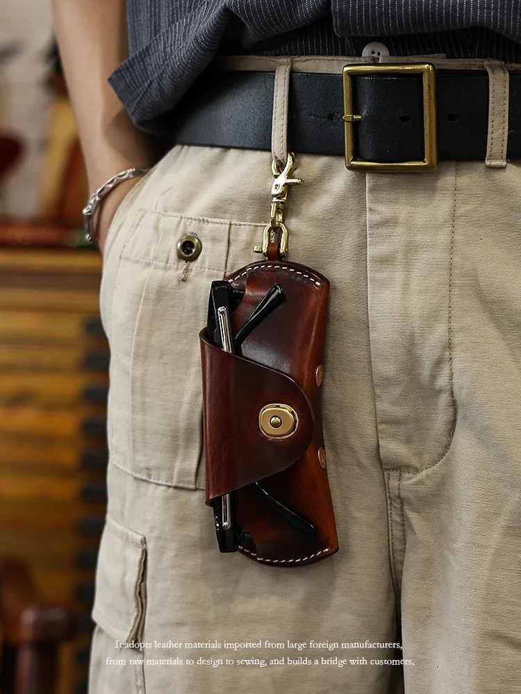 Vintage American Style Vegetable Tanned Leather Glasses Case - Portable Eyeglass Holder with Lanyard for Men/Women 250610