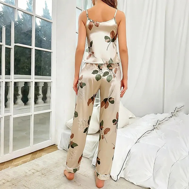 Womens Elegant Leaf Print Satin Pajama Set V Neck Cami Top and Elastic Pants for Comfortable Sleep Lounging Sleepwear 250611