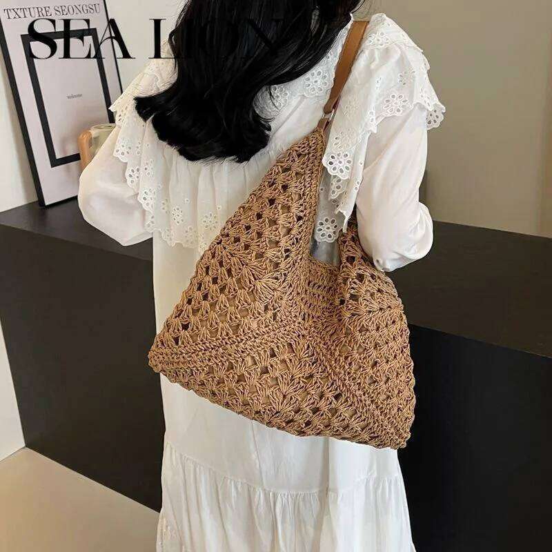Summer Straw Hollow Out Hobo Large Vacation Bag Solid Color Holiday Travel Handbag Boho Shoulder Purse For Women