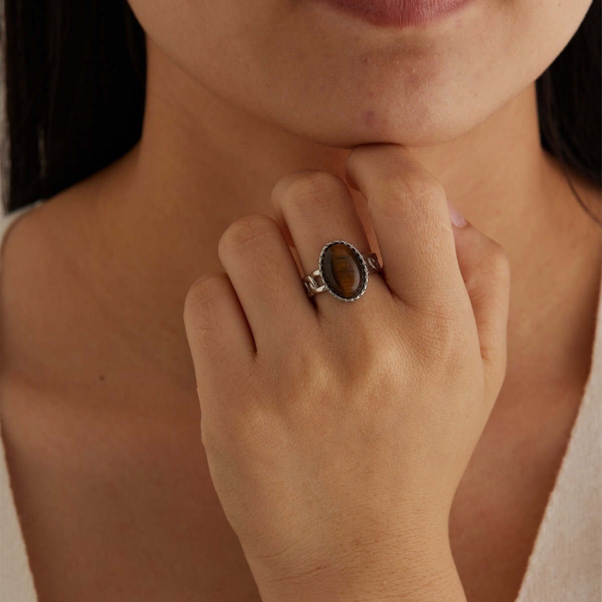 Fashion Light Luxury Personality Versatile Tiger Eye Stone Open for Women Titanium Steel Design Finger Ring Jewelry