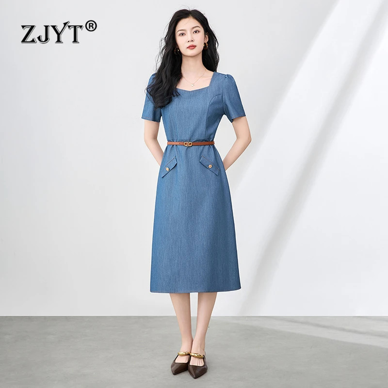 ZJYT Summer Elegant Vintage Midi Denim Dress Women Square Collar Short Sleeve Casual Dresses Female 2025 Blue Vestidos 250609