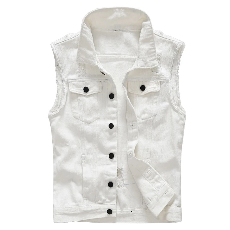 Sokotoo Mens slim fit white denim vest Black buttons holes ripped jean waistcoat Tank top 250614