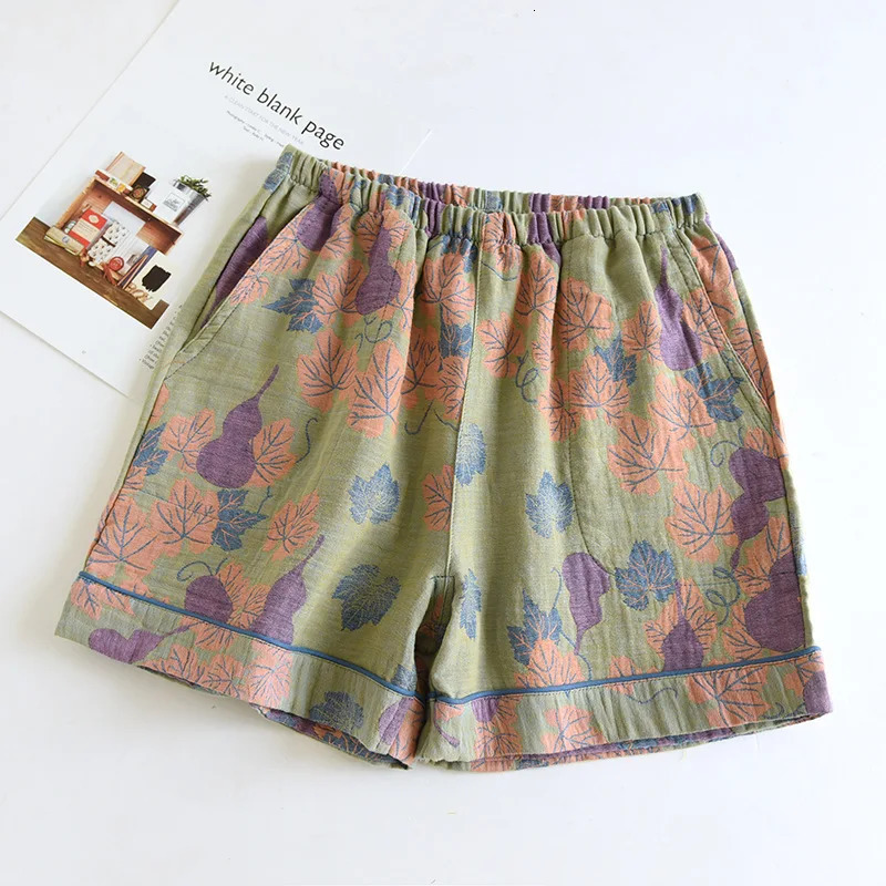 Japanese Summer Womens Shorts 100% Cotton Vintage Yarn Weaving Printed Sleepwear Thin Loose Pocket Home Pants 250611
