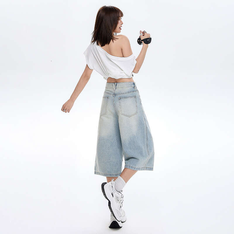 American Street Denim Capri Pants for Women, Summer New Washed Faded Loose High Waist Straight Wide Leg Shorts designer bag