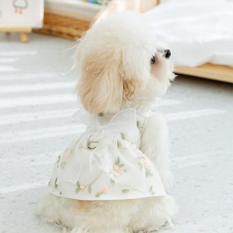 T471Puppy spring and summer breathable lace ribbon floral double-layer princess dress cat Teddy small and medium-sized dog pet clothes