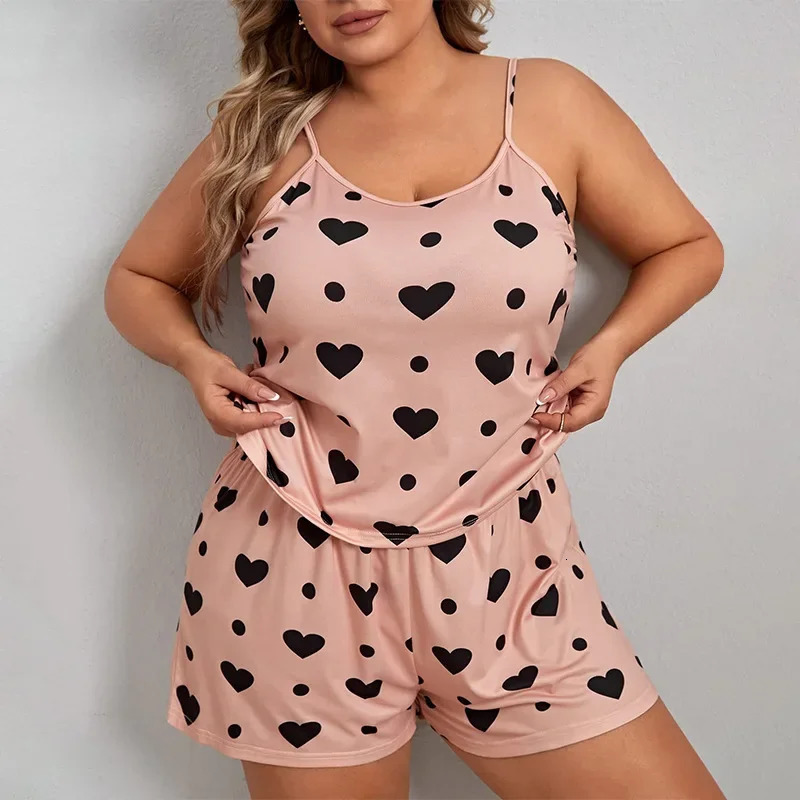 Plus Size Heart Print Women Pajama Set Sleeveless O Neck Crop Top Elastic Waist Shorts 2 Pieces Female Sleepwear Nightwear 250611