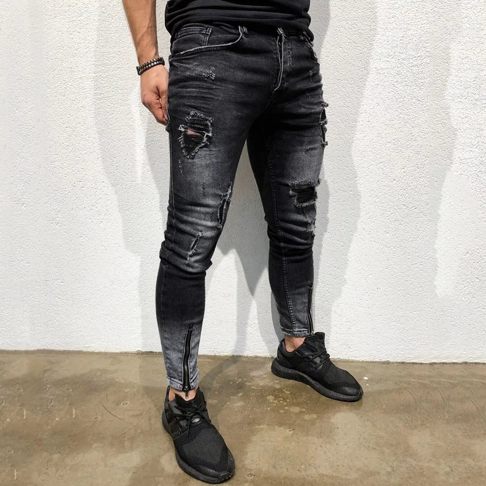 Mens Black Holes Denim Pants Fashion Distressed Ripped Frayed Slim Fit Jeans Trousers Spring Summer High Waist Streetwear 250614