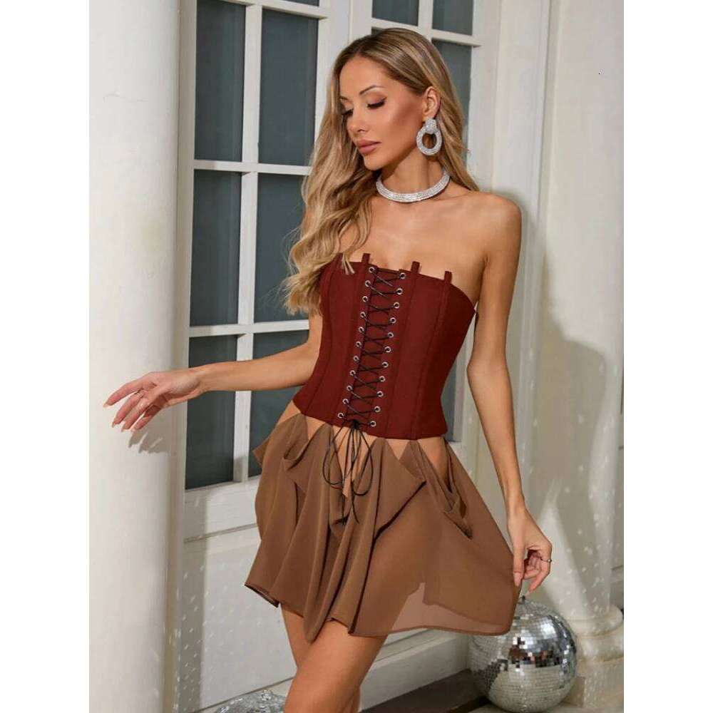 Sexy Strapless Lace-Up Design Corset Mini Dress Women Sleeveless Backless Patchwork Hollow Out Dresses Evening Party tail