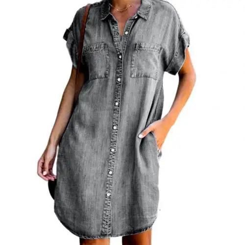 Commute Single Breasted Denim Shirt Dress for Women Elegant Short-sleeved Slim-fit Denim Dress Harajuku Summer Lapel Party Dress 250609