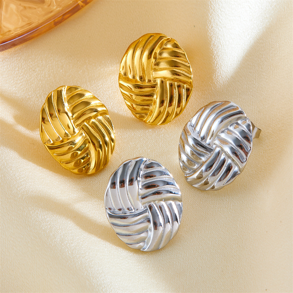 Minimalist Fashion Personality Woven Texture Round Geometric Gold-Plated Stainless Steel Elegant Women's Stud Earrings