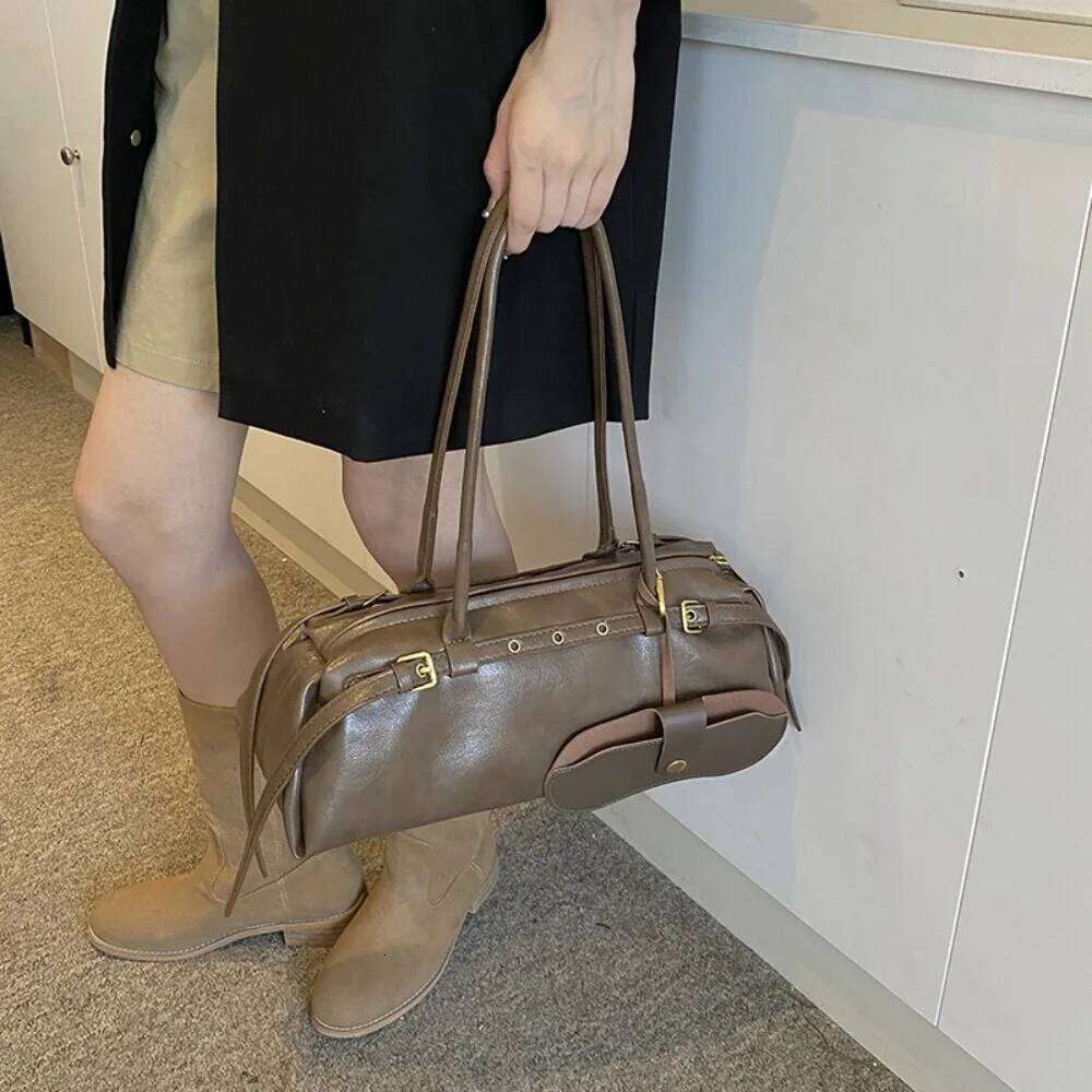 Color PU Leather Casual Boston Handbag Belt Buckle Women Solid Bowling Retro Tote Shoulder Underarm Bag