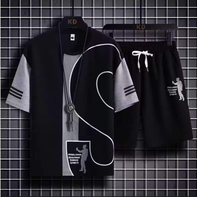 Waffle Short Sleeve T-Shirt Men's Thin Summer Fashion Trend Sports Casual Set