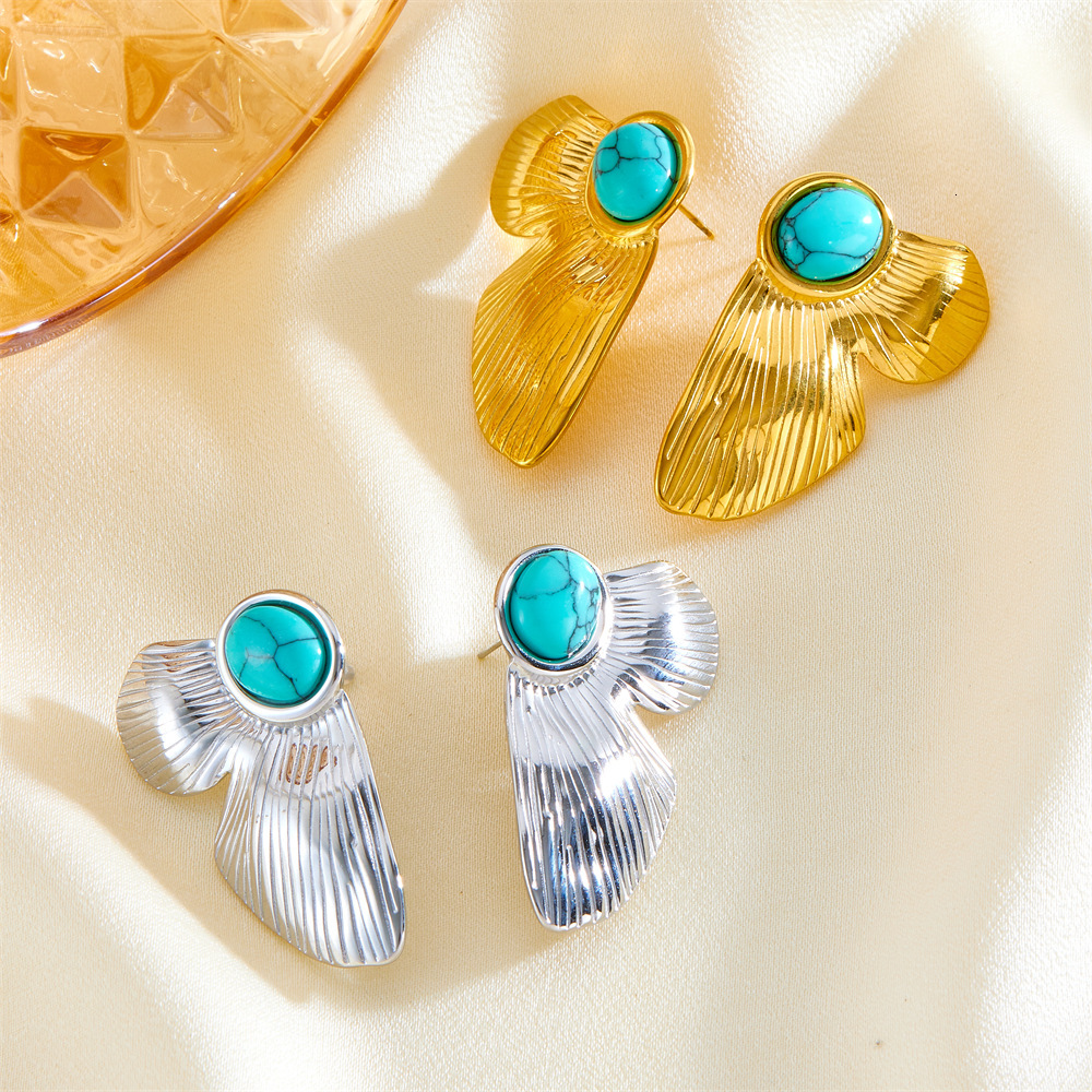Style Gold Stainless Steel Turquoise Drop Earrings Niche High-end Non-fading Exaggerated Ear Jewelry