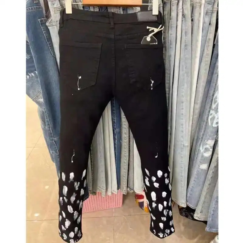 Black Retro Splash Ink Mens Jeans Patch Biker Streetwear Ripped Denim Pants Old Wash Water Stretch Skinny Tapered Trousers 250614