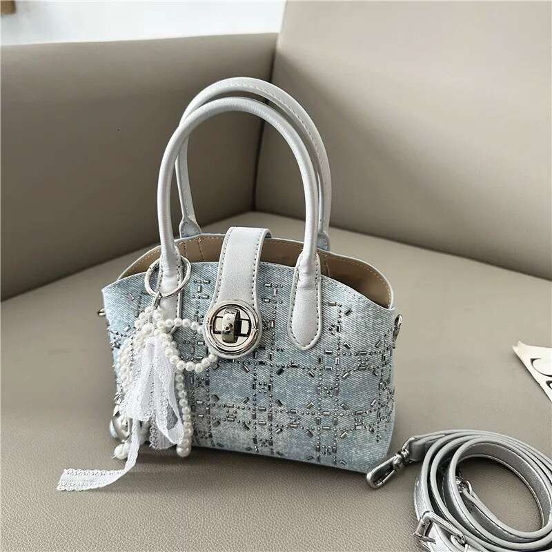 Rhinestone Embellished High-end Denim Lock Handbag for Women 2025 New Korean Fashion Single Shoulder Crossbody Bag
