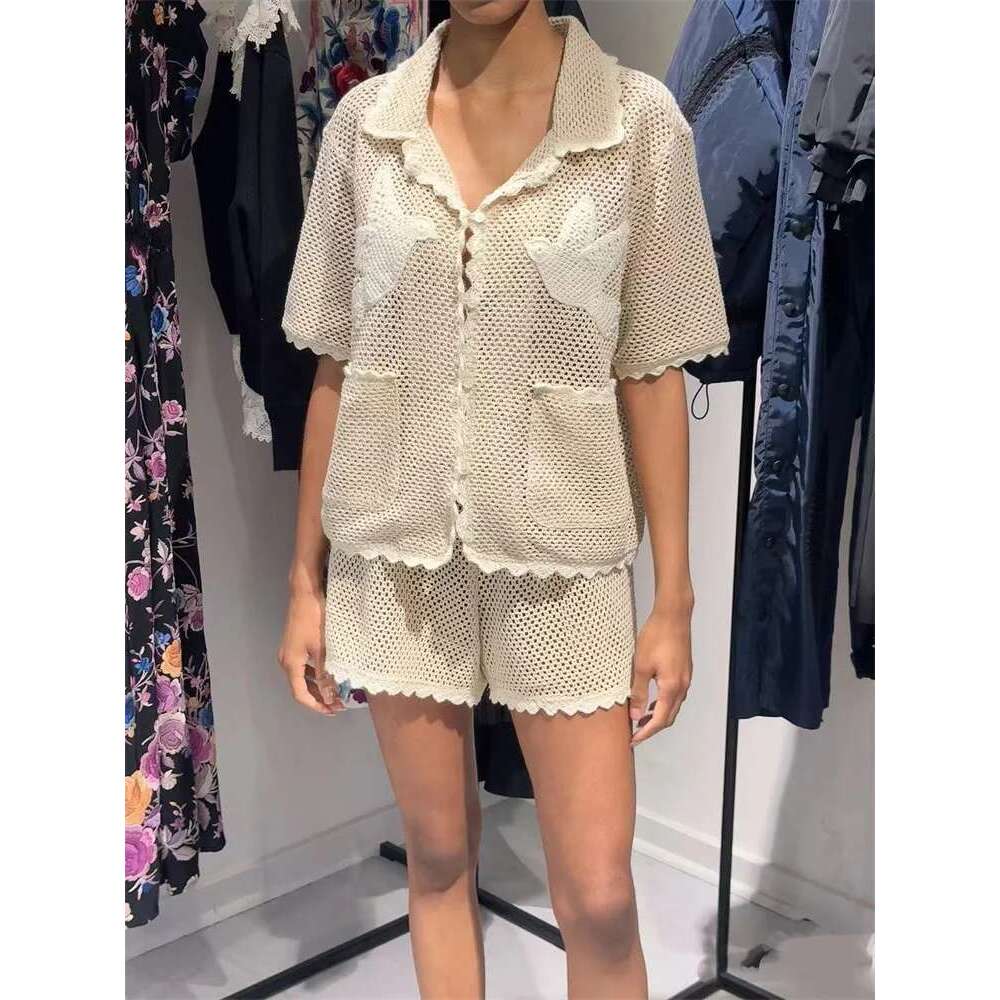 Embroidered Crochet Knit Shirt For Women Short Sleeve Ladies Mesh Hollow Out Knitted Blouse Tops