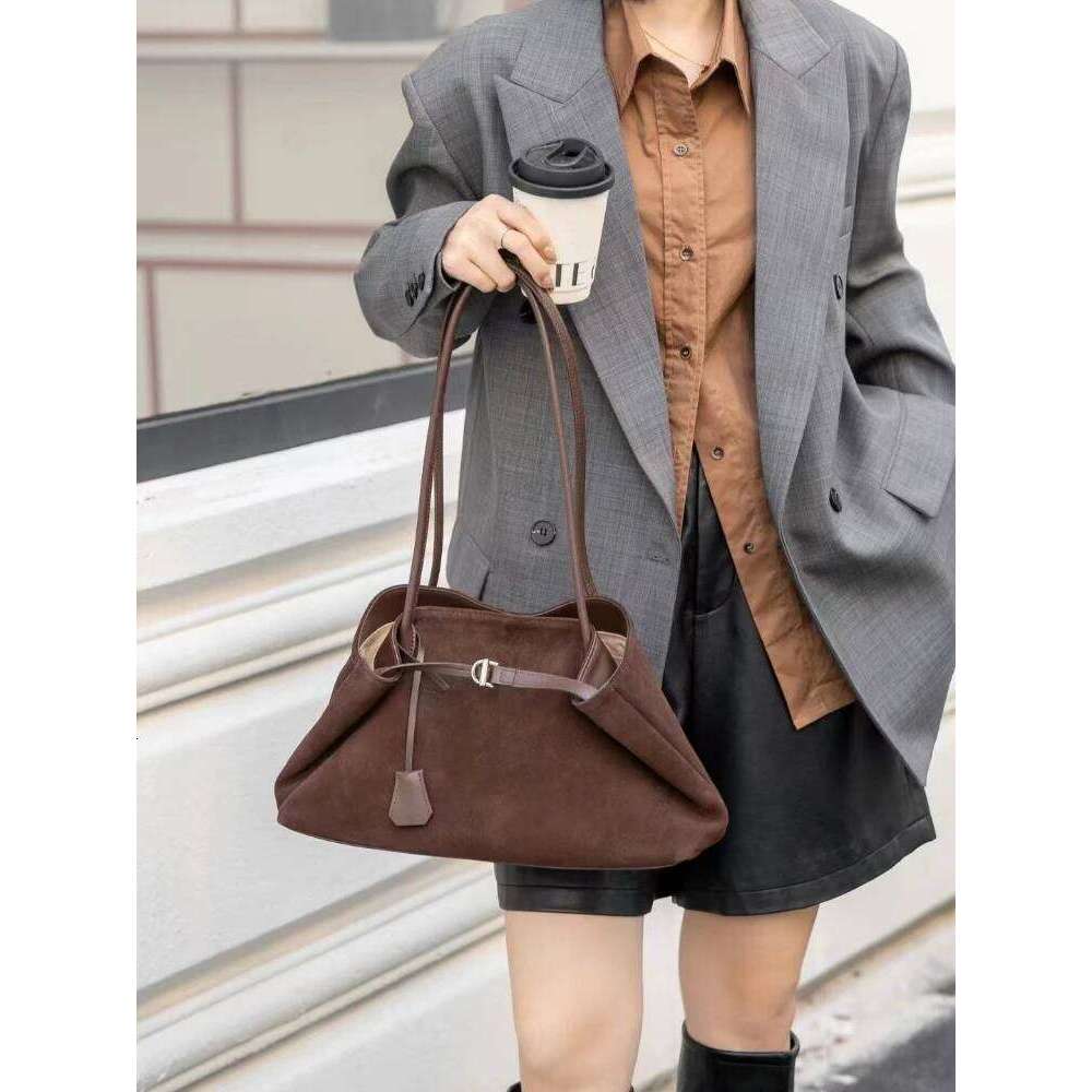 New All-Match Shape Change Design Large Tote Coffee Matte Real Suede Leather Women Shoulder Bag High-End Travel Handbag