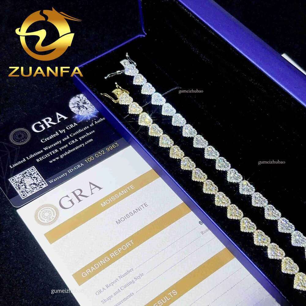 Fine 8mm Heart Shape VVS Link Bracelet Sier Moissanite Hip Hop Jewelry Cuban chain for men women