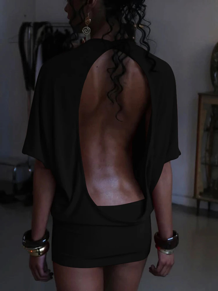 Cute Solid Backless Women Mini Dress Trend Summer Sexy Chic Half Sleeve Crew Neck Bodyshaping Mujer Simple Party Wear 250611